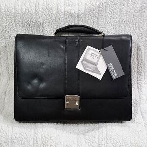 Kenneth Cole REACTION Flapover Portfolio Black Leather Briefcase Bag Open Box